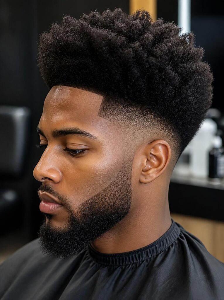 High taper Afro with a beard fade