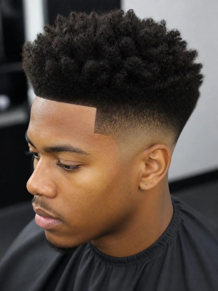 High taper Afro with a sharp line-up