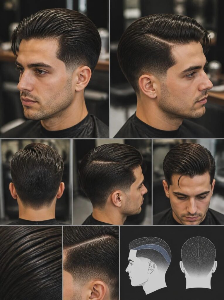 Slick Back or Side Part with a Mid Taper